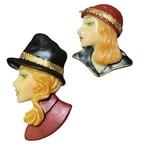 Vintage Lapel‎ 2 Women Profile Brooch